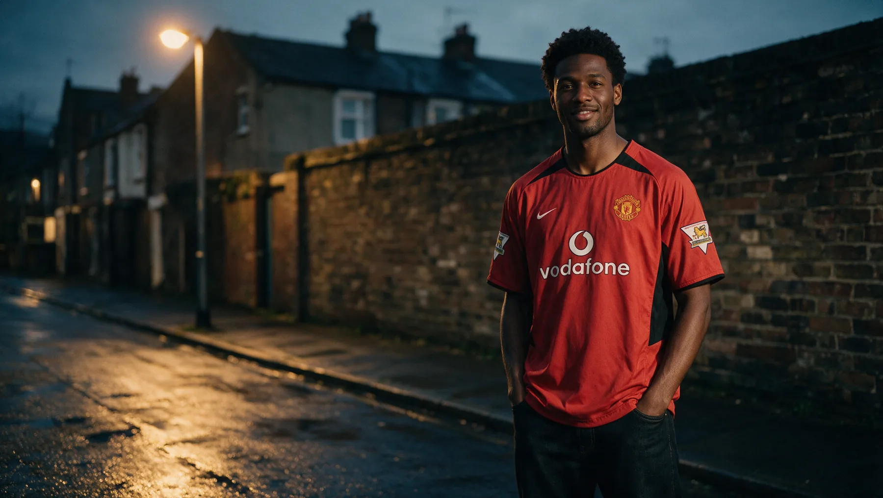 Model wearing the 2002 Manchester United Vodafone shirt on a terraced street at dusk